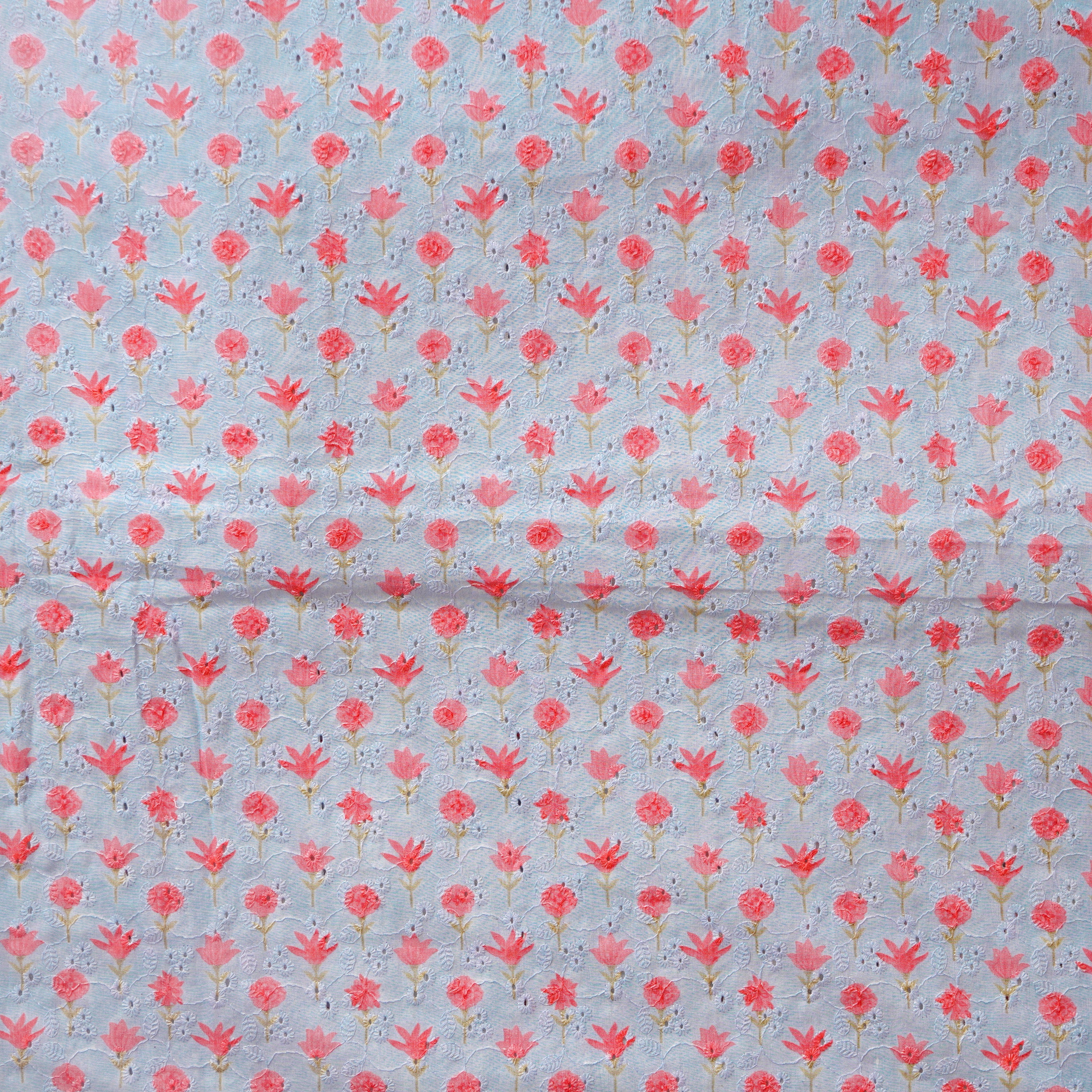 (Width 44 Inches) Pure Cotton Hakoba powder blue With Flower Motif Dig ...