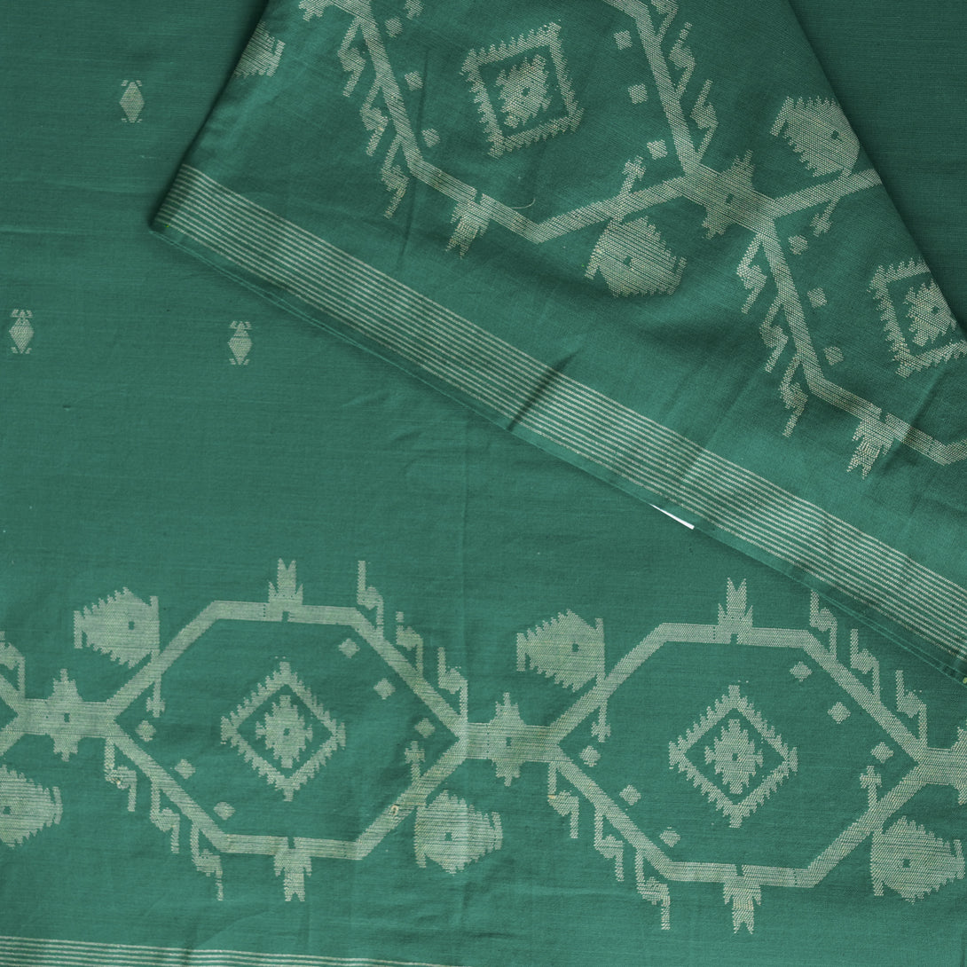 Pure Cotton Handloom Jamdani woven Fabric Green With White Butti And B ...