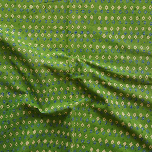 Pure Cotton Doby Discharge Green With Blue Cream Tiny Bandhani Polka Hand Block Print Fabric