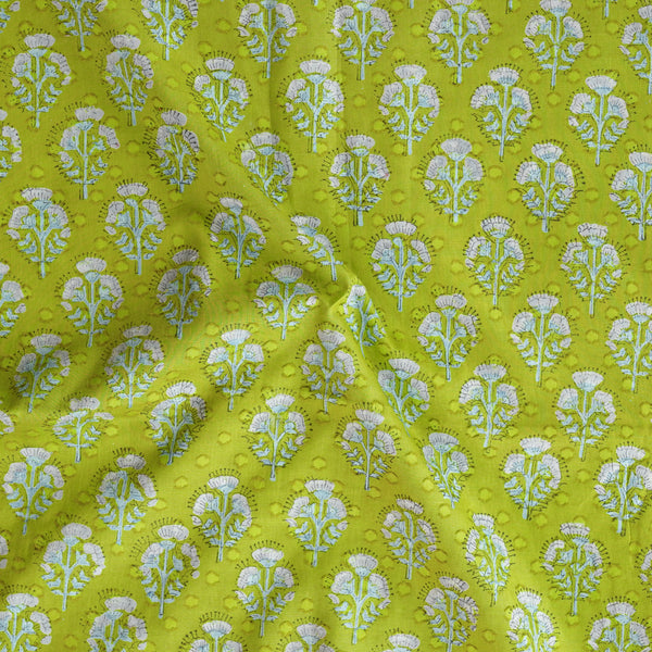 Pure Cotton Doby Discharge Parrot Green With Lavender Flowers Motif Hand Block Print Fabric