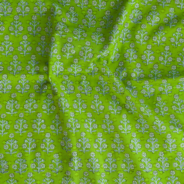 Pure Cotton Doby Discharge Green And Blue With Grey Flowers Motifs Hand Block Print Fabric