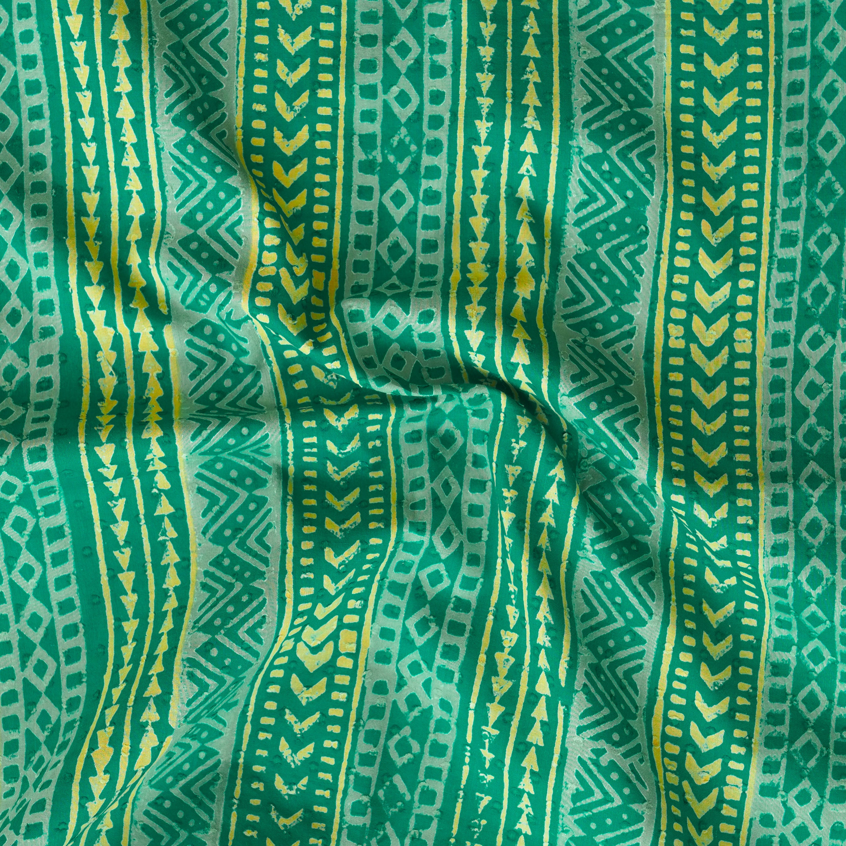 Pure Cotton Doby Discharge Green With Border Intricate Design Hand Blo ...
