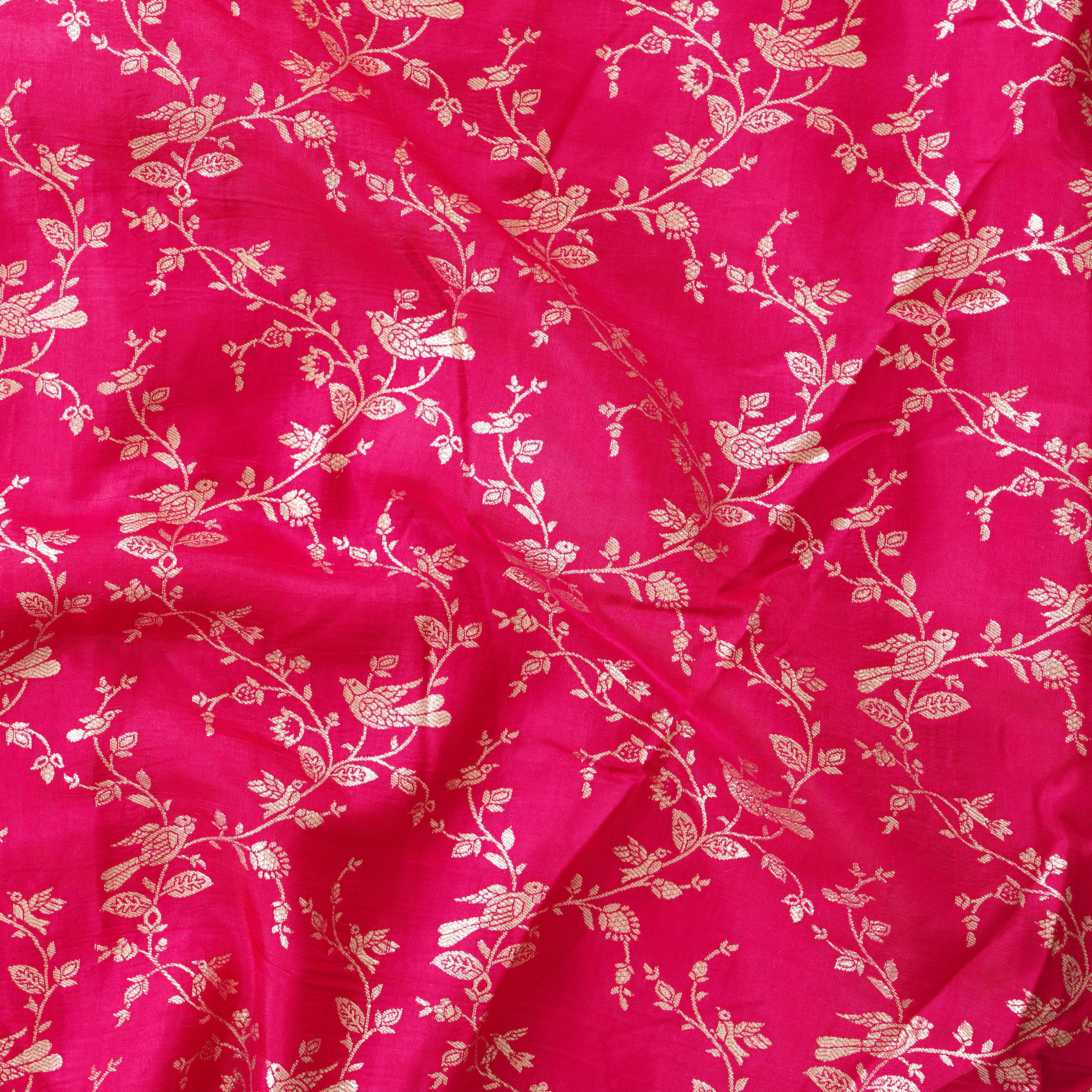 Dola Silk Rani Pink With Golden Zari Bird And Leaves Jaal Hand Woven F ...