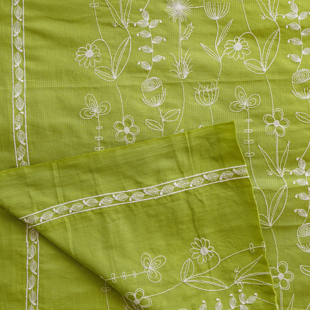 Pure Cotton Handloom Green With White Flowers Jaal Embroidery Woven Fa ...