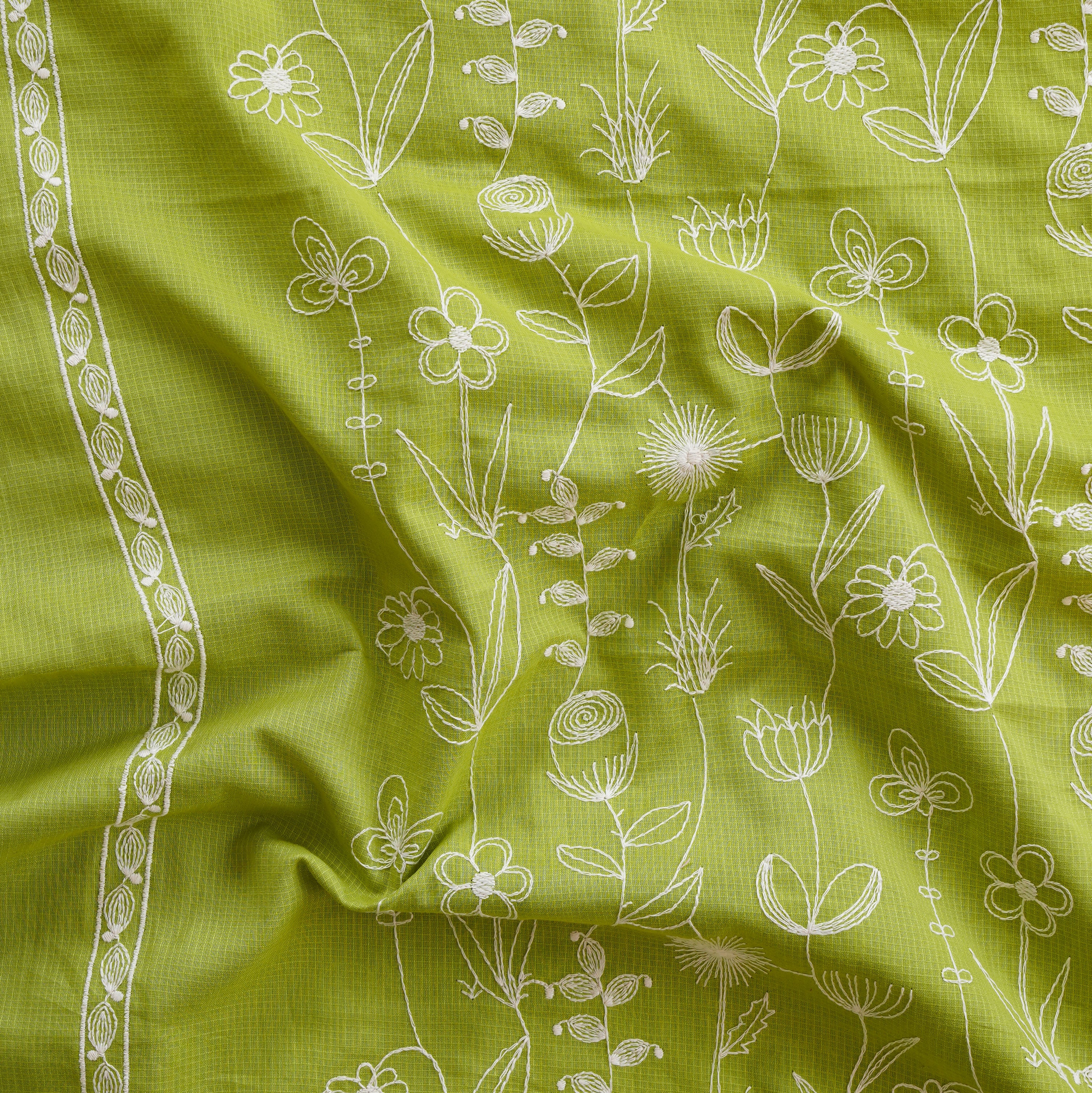 Pure Cotton Handloom Green With White Flowers Jaal Embroidery Woven Fa ...
