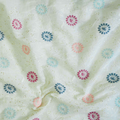 ( Width 43 Inches )Pure Cotton Cream With Multi  Flower Motifs Lucknowi Floral Embroidery Fabric