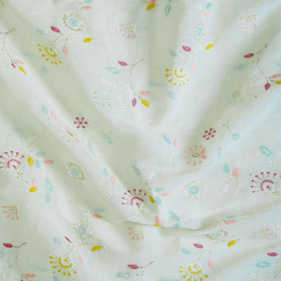 ( Width 43 Inches )Pure Cotton Cream With Lucknowi Floral Inspried Embroidery Fabric