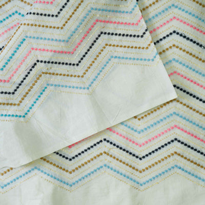( Width 46 Inches ) Pure Cotton Cream With Floral  Zig-Zag Stripes  Embroidered Fabric