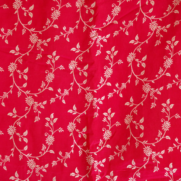 Dola Silk Brocade Red With Golden Zari Flower Jaal Fabric