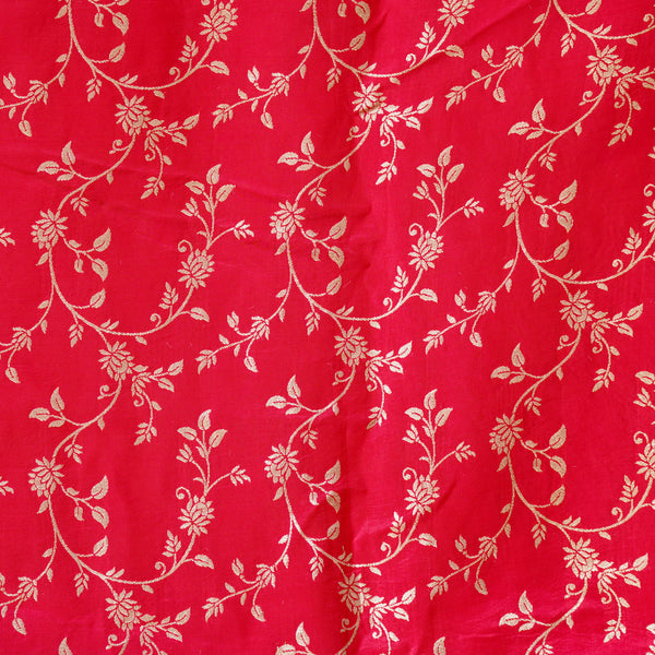 Dola Silk Brocade Tomato Red With Golden Zari Flower Jaal Fabric
