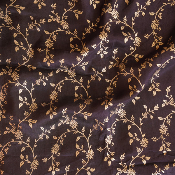 Dola Silk Brocade Brown With Golden Zari Flower Jaal Fabric
