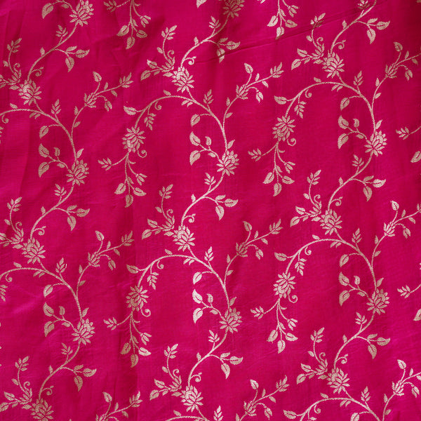 Dola Silk Brocade Pink With Golden Zari Flower Jaal Fabric