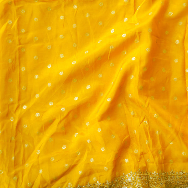 Dola Silk Brocade Mustard With Golden Zari Flower Butti and Zari Embroidary Border Fabric