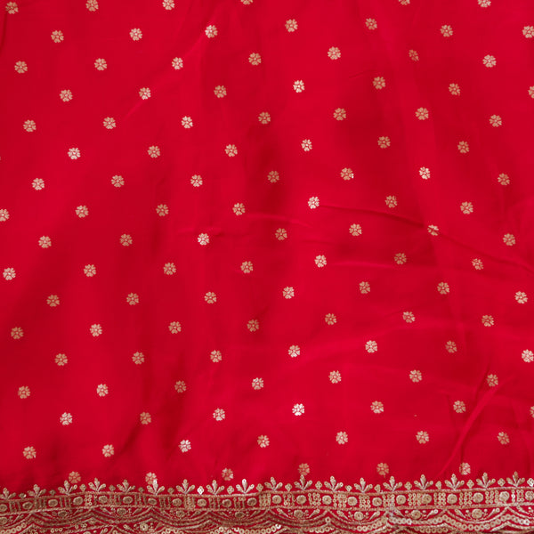 Dola Silk Brocade Red With Golden Zari Flower Butti and Zari Embroidary Border Fabric