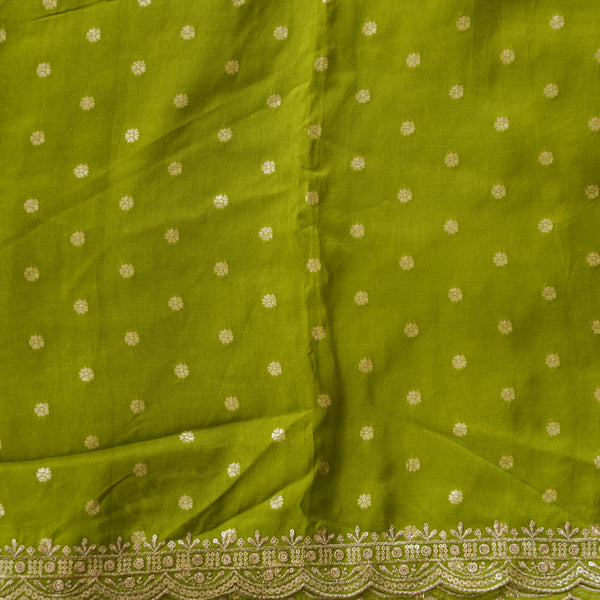 New   Dola Silk Brocade Parrot Green With Golden Zari Flower Butti and Zari Embroidary Border Fabric