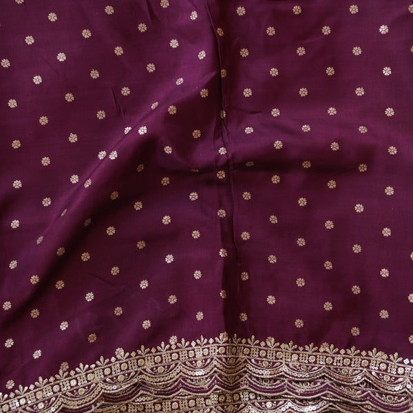 Dola Silk Brocade Maroon With Golden Zari Flower Butti and Zari Embroidary Border Fabric