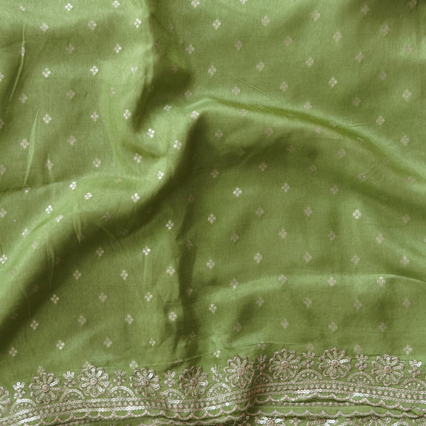 Dola Silk Brocade Green With Golden Zari Flower Butti and Zari Embroidary Border Fabric