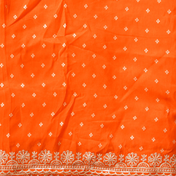 New   Dola Silk Brocade Orange With Golden Zari Flower Butti and Zari Embroidary Border Fabric