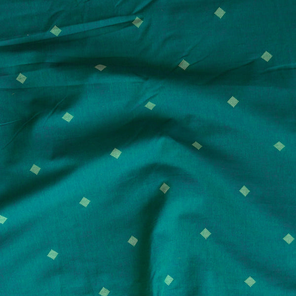 Pure Cotton Handloom Teal Green With Dimond Motif Woven Fabric