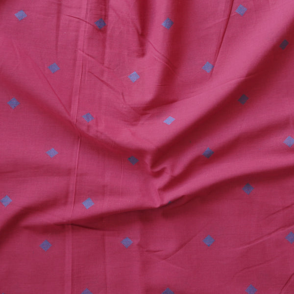 Pure Cotton Handloom Dusky Pink With Blue Diamond Motif Woven Fabric