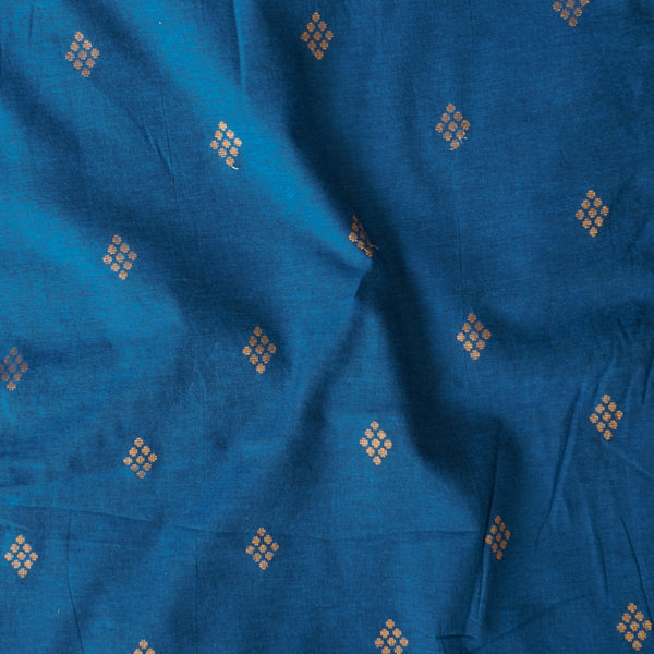 Pure Cotton Handloom Blue  With Gold Zari Motif  Woven Fabric