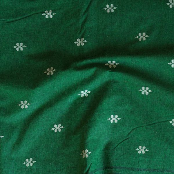 Pure Cotton Handloom Green With White Flower Motif  Woven Fabric