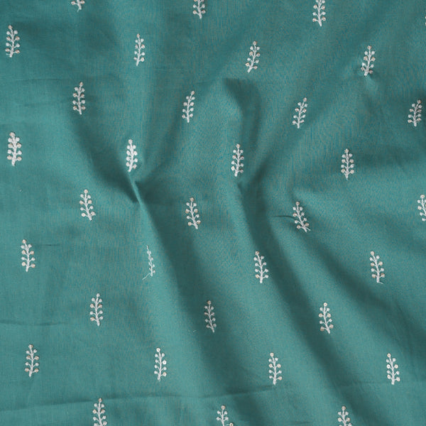 Pure Cotton Handloom Tiffany Blue And White Leafs Motifs With Sequence Embroidery Fabric