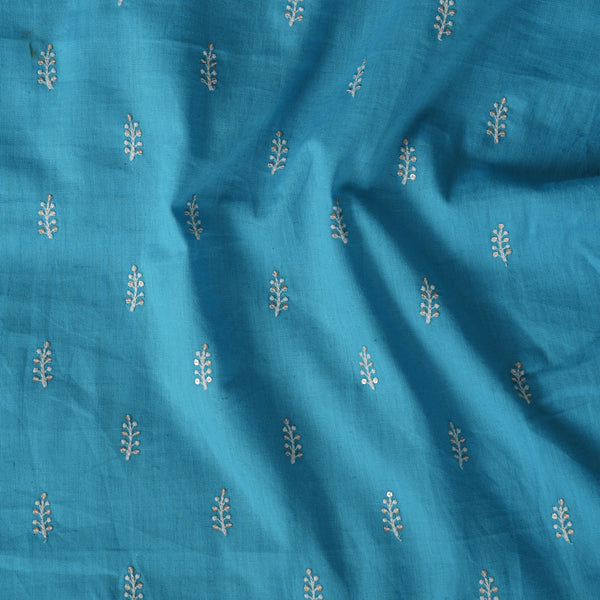 ( Pre-Cut 1.95 Meter ) Pure Cotton Handloom Blue And White Leafs Motifs With Sequence Embroidery Fabric
