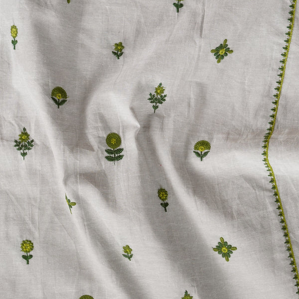 Pure South Cotton Grey And Green Tiny Flower Motifs With Border Embroidery Fabric
