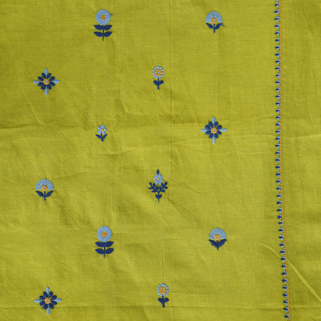 Pure Cotton Flex Parrot Green And Blue Flower Motifs With Border Embro ...