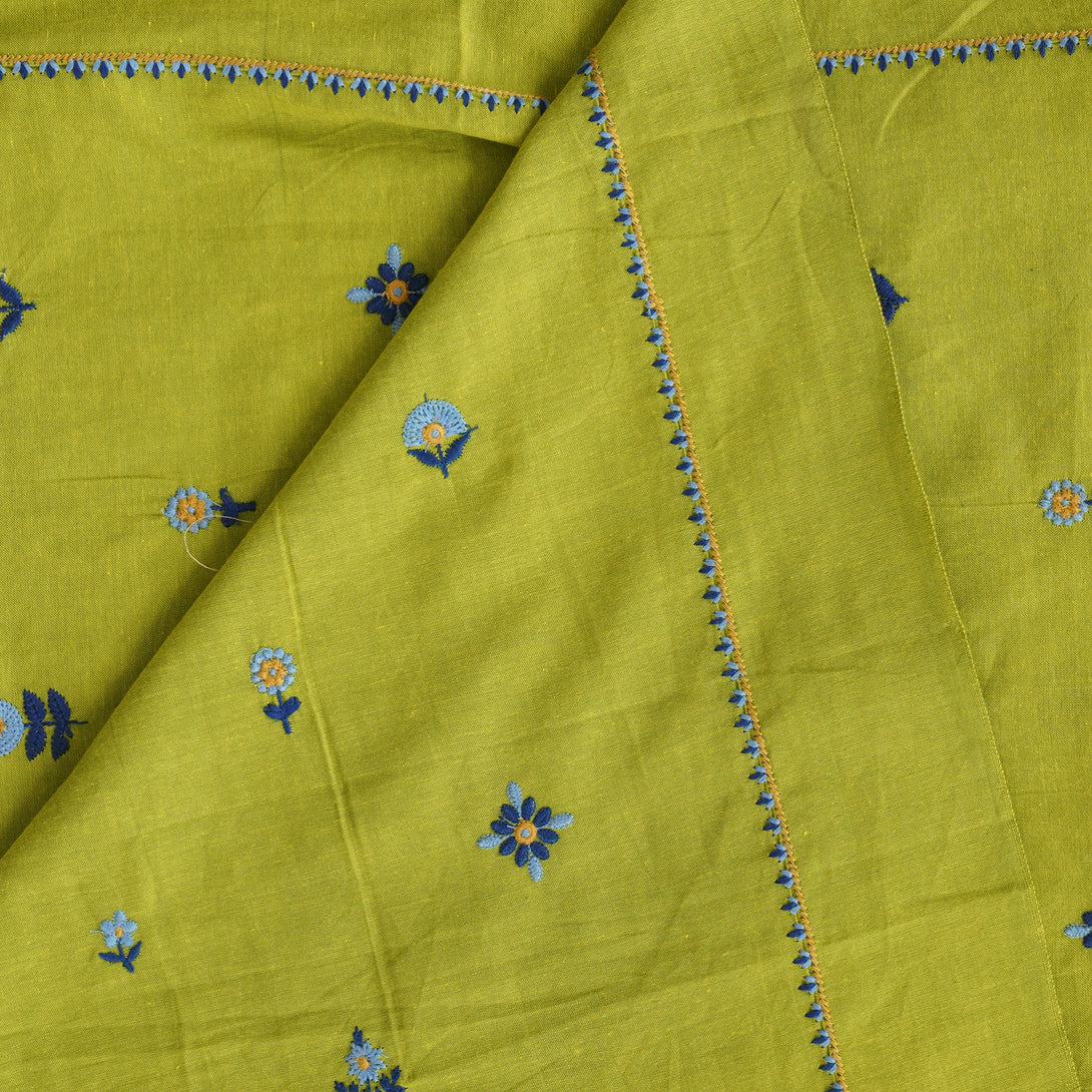 Pure Cotton Flex Parrot Green And Blue Flower Motifs With Border Embro ...