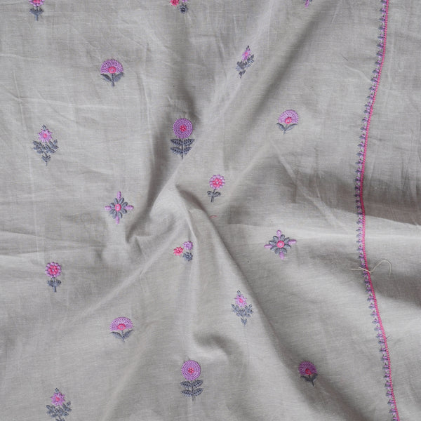 Pure South Cotton Grey And Purple Flower Motifs With Border Embroidery Fabric