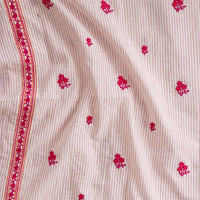 Pure Cotton Handloom White And Pink  Orange Stripes With Flower Motifs Border Embroidery Fabric