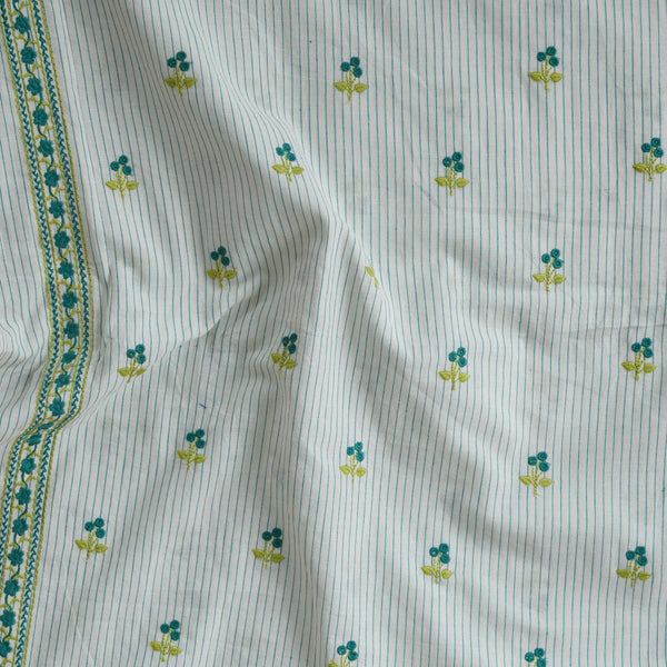 Pure Cotton Handloom White And Green Stripes With Tiny Flower Motifs Border Embroidery Fabric