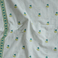 Pure Cotton Handloom White And Green Stripes With Tiny Flower Motifs Border Embroidery Fabric