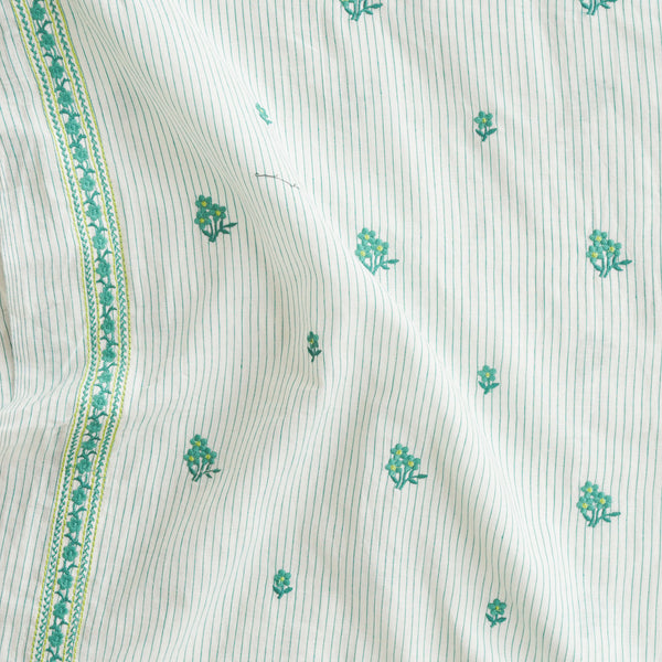 Pure Cotton Handloom White With Green Stripes And Flower Motifs Border Embroidery Fabric
