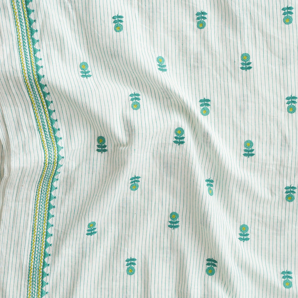 Pure Cotton Handloom White And Green Stripes With Flower Motifs Border Embroidery Fabric