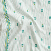 Pure Cotton Handloom White And Green Stripes With Flower Motifs Border Embroidery Fabric