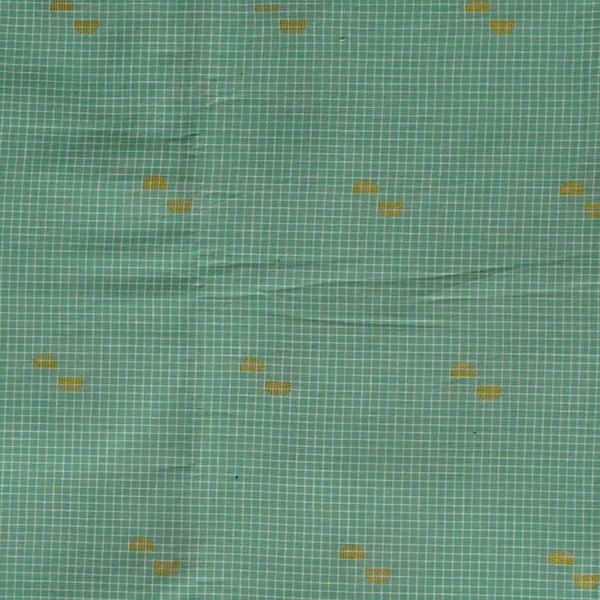 (PRE-CUT 1.90 METER) Pure Cotton Handloom Medium Green  With White Checks And Zari Butti Woven Fabric