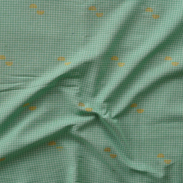 (PRE-CUT 1.80 METER) Pure Cotton Handloom Medium Green  With White Checks And Zari Butti Woven Fabric