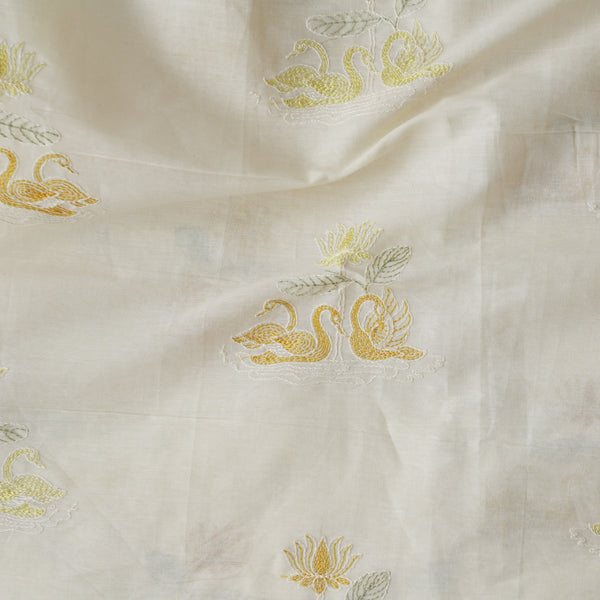 Pure Cotton Cream And Yellow Ducks In Pond With Lotus Motif Embroidery Fabric