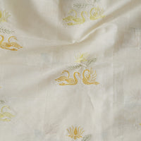 Pure Cotton Cream And Yellow Ducks In Pond With Lotus Motif Embroidery Fabric