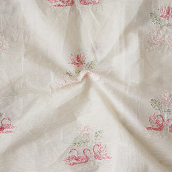 Pure Cotton Cream And Pink Ducks In Pond With Lotus Motif Embroidery Fabric