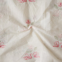Pure Cotton Cream And Pink Ducks In Pond With Lotus Motif Embroidery Fabric