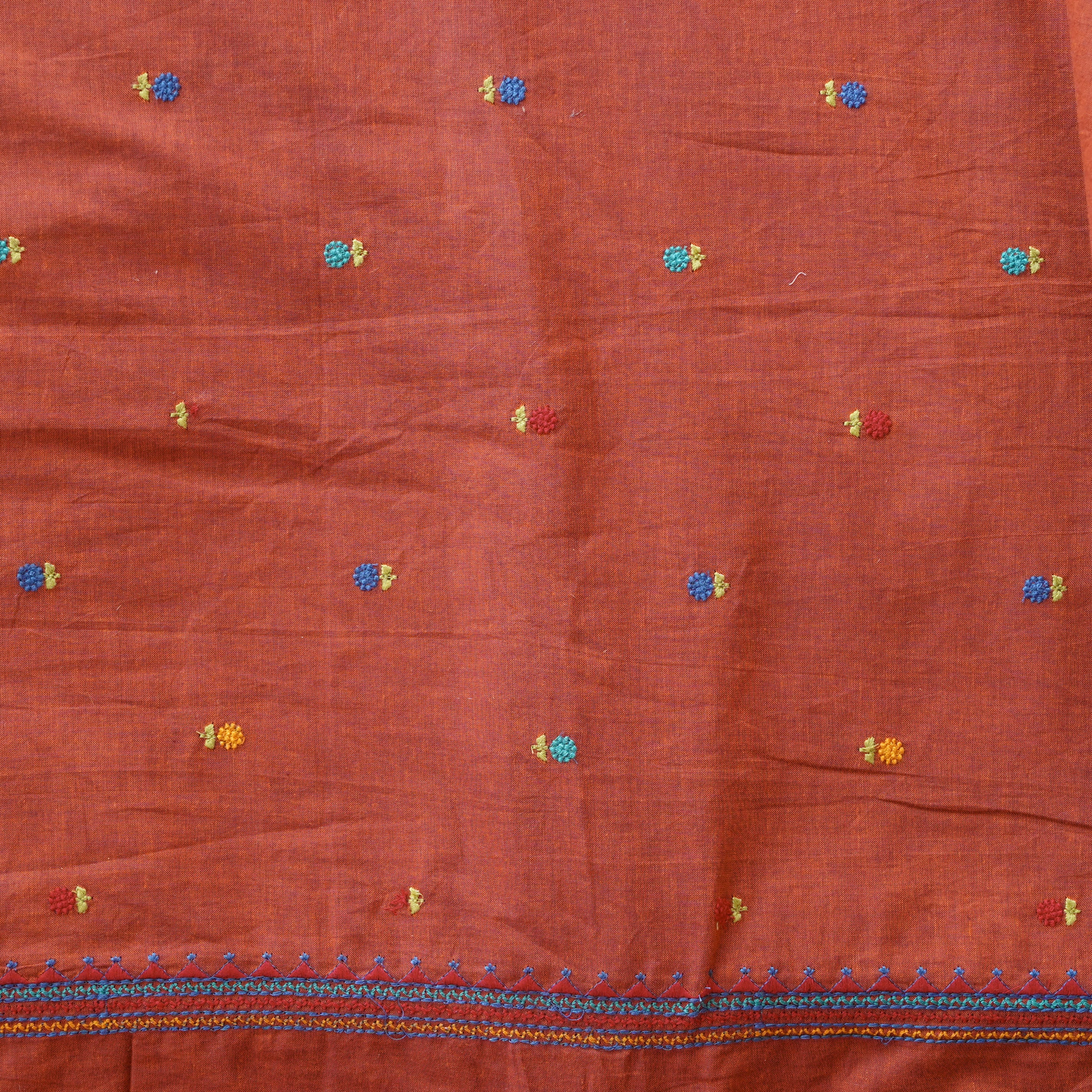 Pure Cotton Embroidery Rust Red With Blue And Red Tiny Flower Border H ...