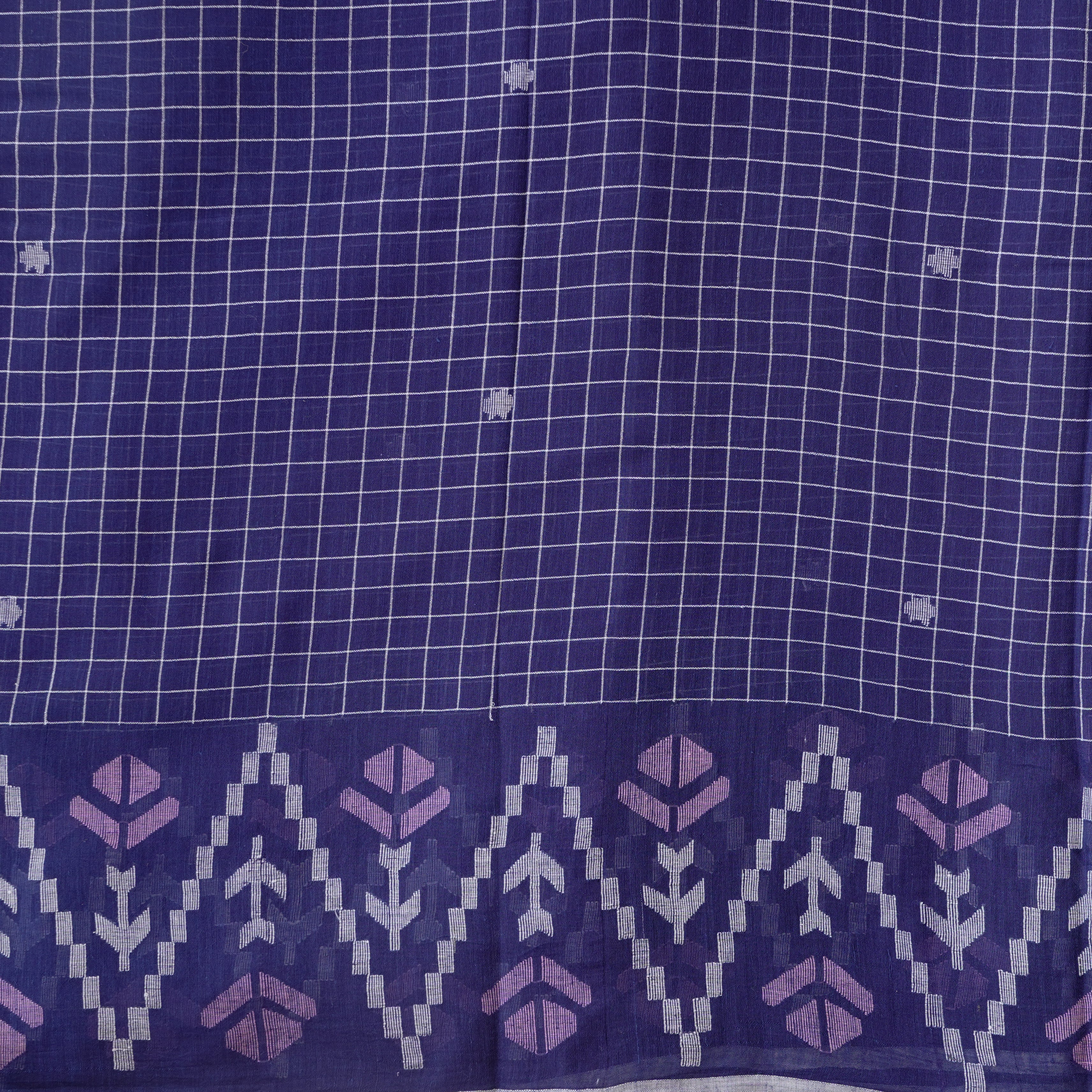 MUL Jamdani Royal Blue With Checks And Big Border Design Motif Woven F ...
