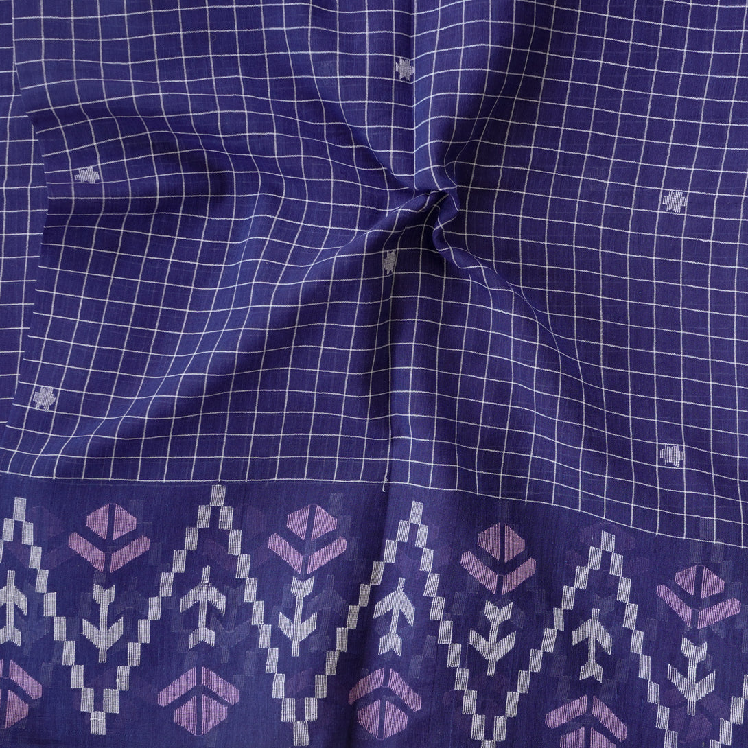 MUL Jamdani Royal Blue With Checks And Big Border Design Motif Woven F ...