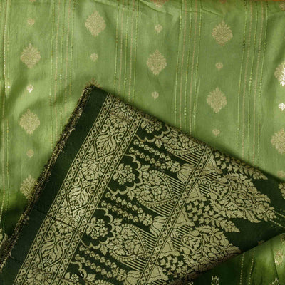 Dola Silk Light Green With Dark Green Big Border With Golden Zari Hand Woven Fabric