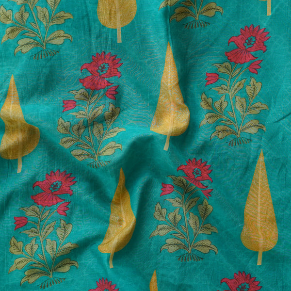 Malai Chanderi Teal Green With Pink Flower  Plant Motif Printed Fabric
