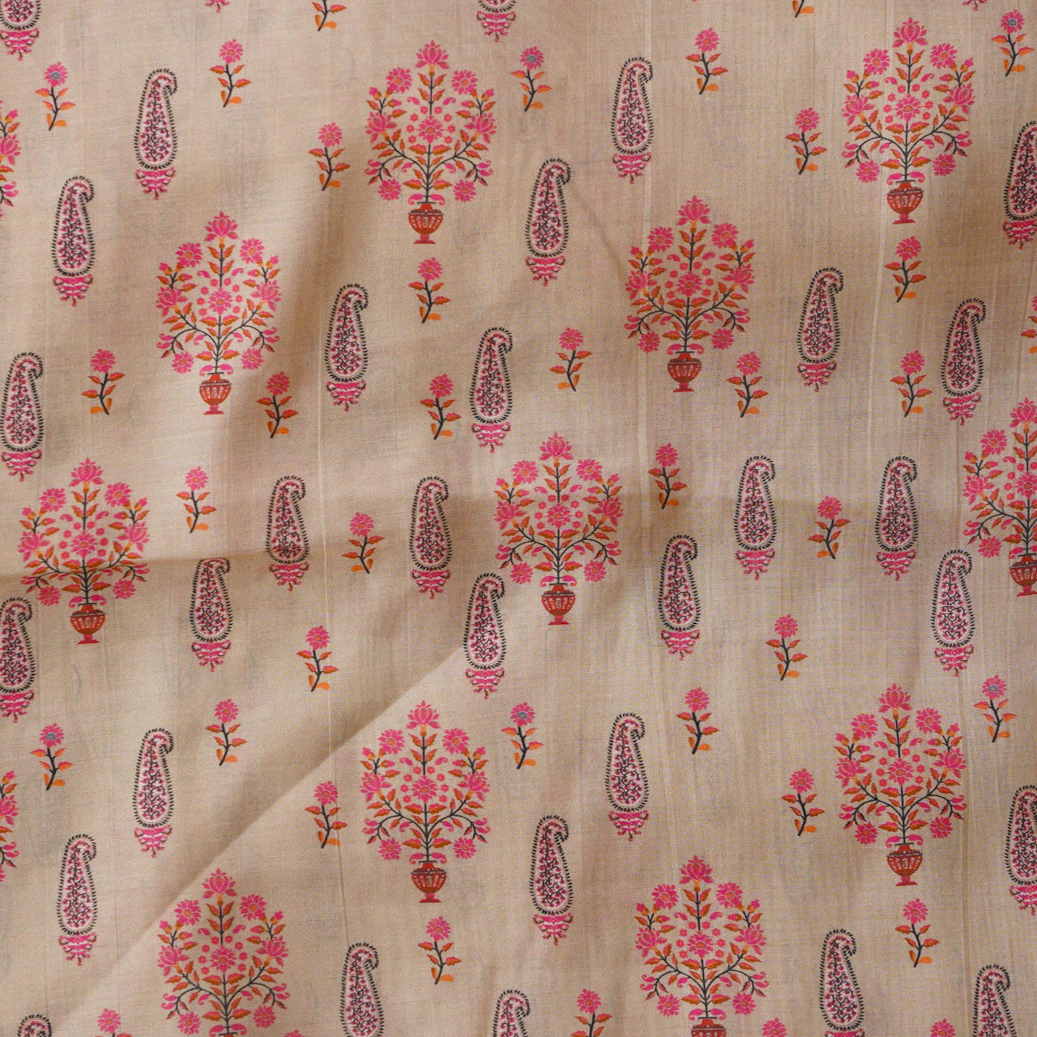 Mogra Chanderi Chiku With Pink Flower Plant Motif Printed Fabric ...